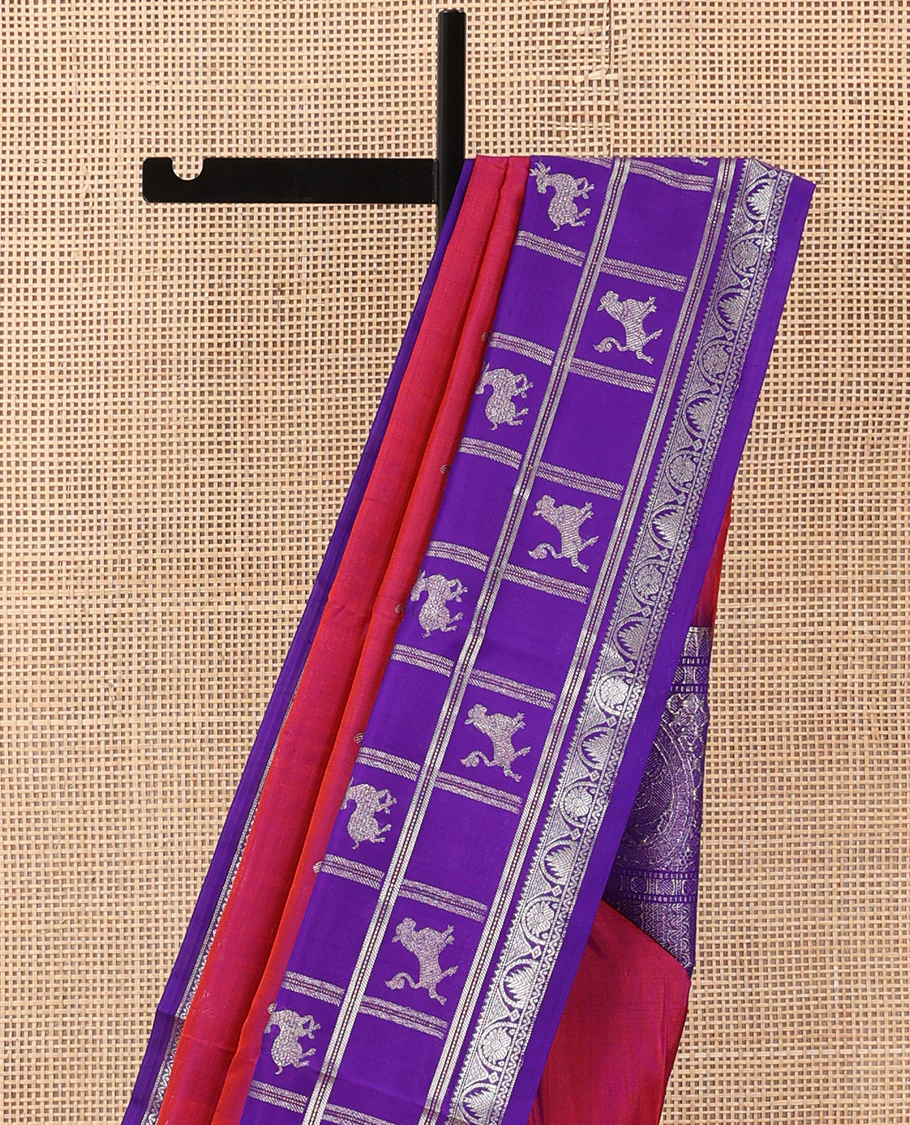 Red zari buttas Venkatagiri silk saree, contrast flora-fauna inspired kanchipuram zari border, and pallu steeepd with traditional designs - Image 4