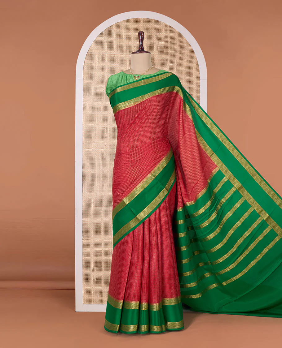 Red zari checked Mysore silk saree, contrast rettai pettu peacock eye zari border, and pallu of zari stripes - Image 2