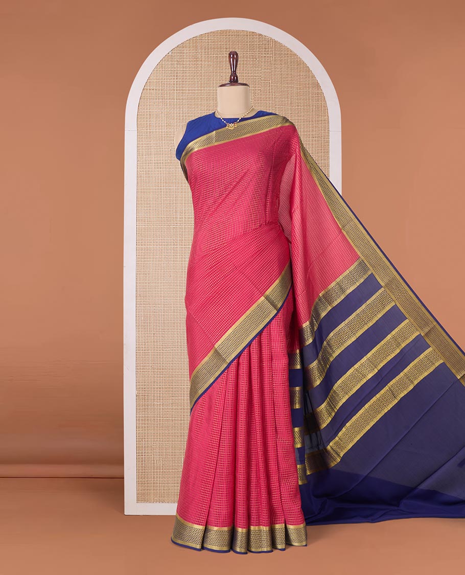 Red zari checked Mysore silk saree, contrast traditional zari border of jaal designs, and traditional zari pallu - Image 2
