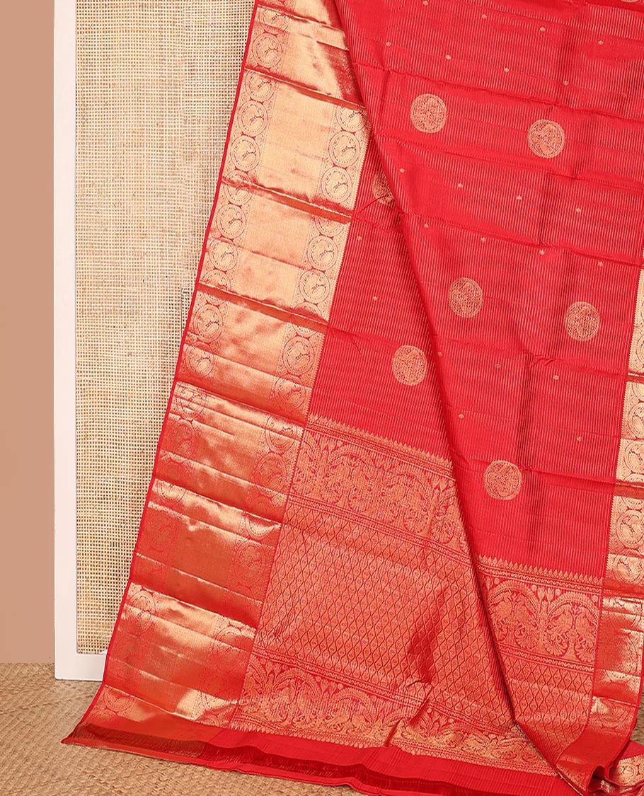 Red zari stripes and buttas Kanchipuram silk saree, zari border of thilakam, paisa, round mayil, and mayil kann designs, and jaal pallu - Image 3