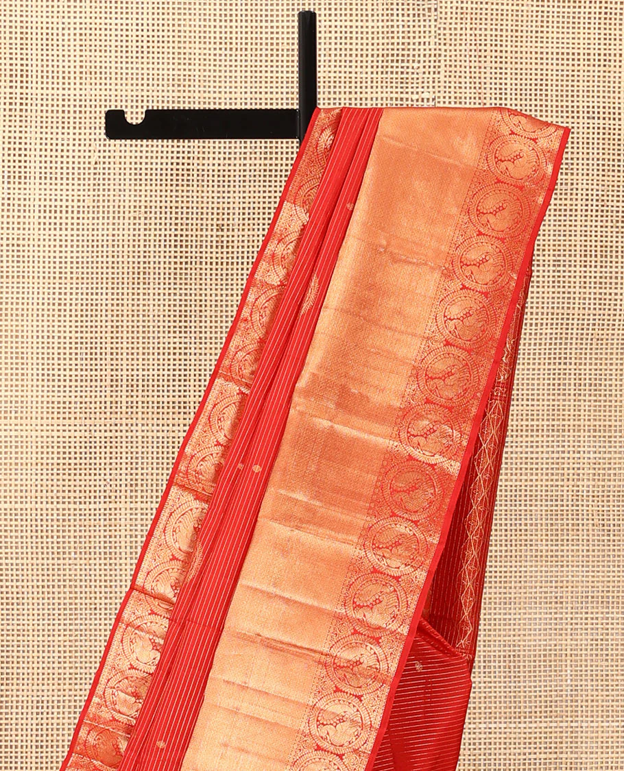 Red zari stripes and buttas Kanchipuram silk saree, zari border of thilakam, paisa, round mayil, and mayil kann designs, and jaal pallu - Image 4