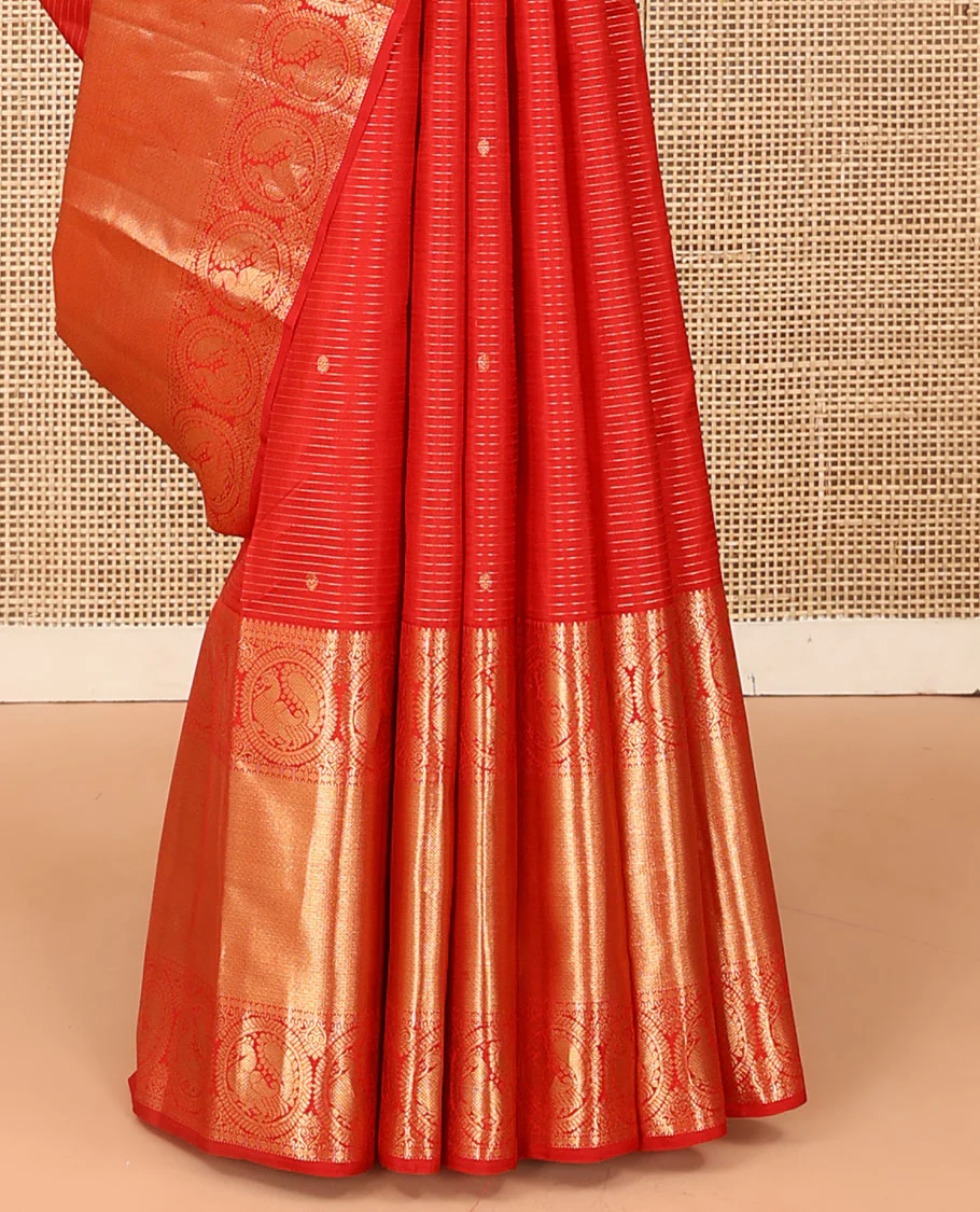 Red zari stripes and buttas Kanchipuram silk saree, zari border of thilakam, paisa, round mayil, and mayil kann designs, and jaal pallu - Image 5