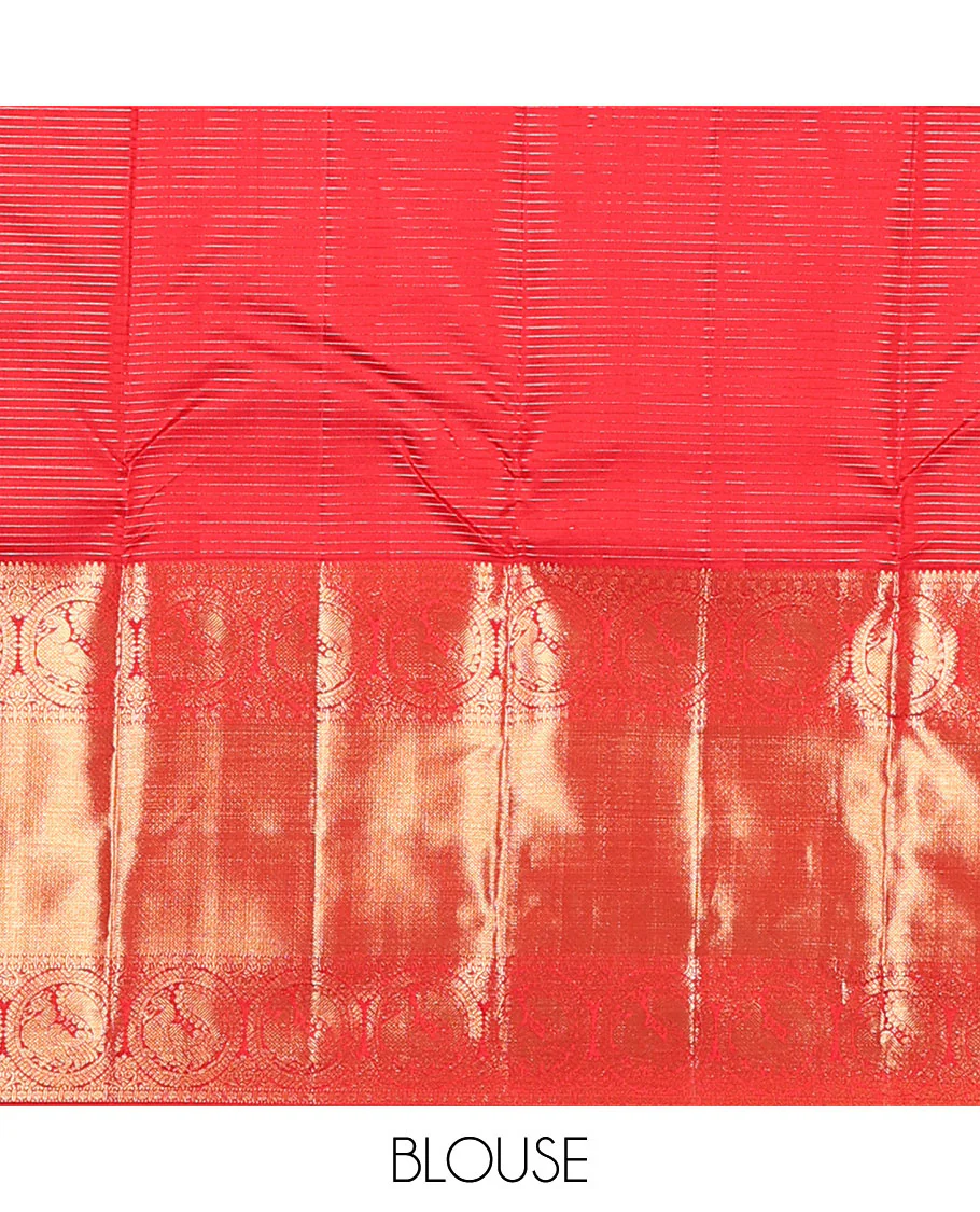 Red zari stripes and buttas Kanchipuram silk saree, zari border of thilakam, paisa, round mayil, and mayil kann designs, and jaal pallu - Image 6