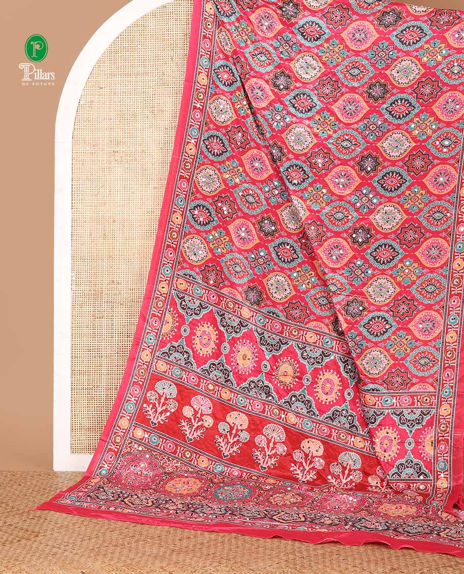 Reddish pink half-&-half colorful geometric print & mirror embroidery masakali saree,printed border & pallu,plain blouse - Image 2