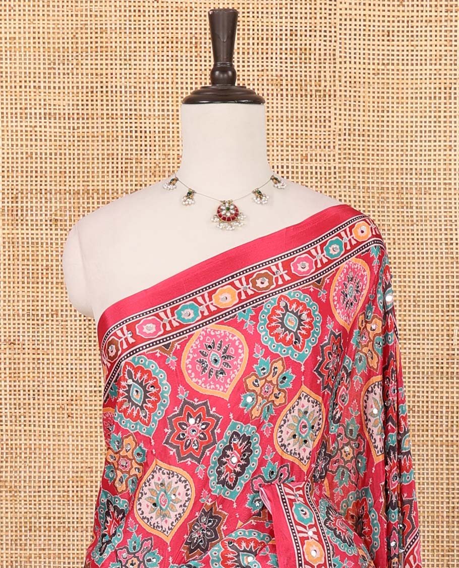 Reddish pink half-&-half colorful geometric print & mirror embroidery masakali saree,printed border & pallu,plain blouse - Image 3