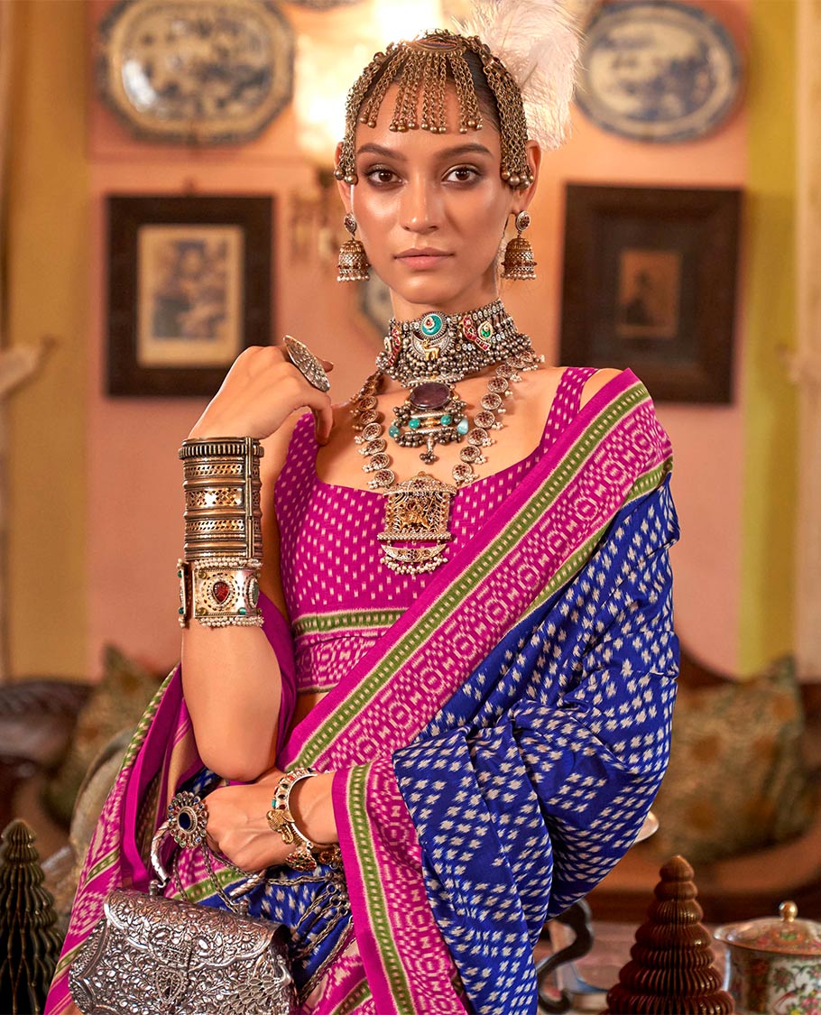 Royal blue diamond patola designer catalog saree, contrast patola border, and intricately patola designed pallu - Image 2