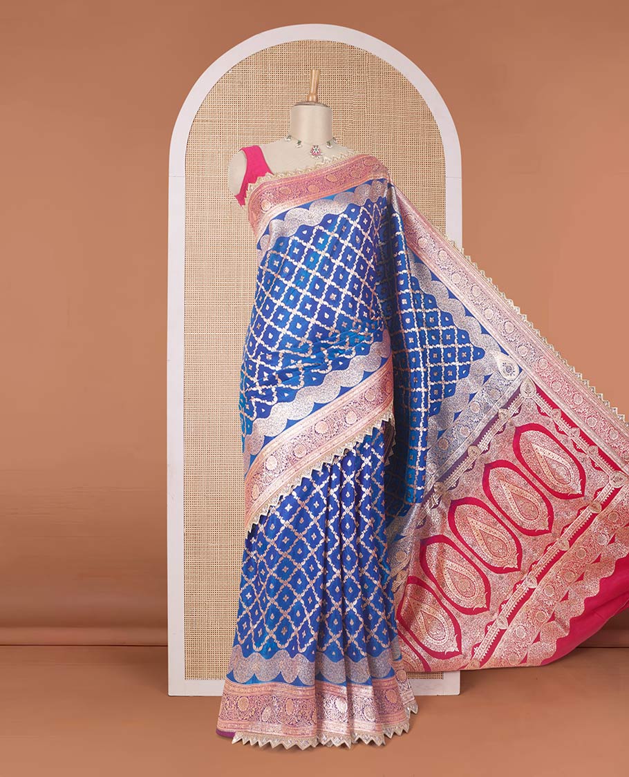 Royal blue jaal jacquard with micro stone work banaras nylon silk saree, contrast floral creeper zari and stone work border, and intricately zari woven pallu - Image 2