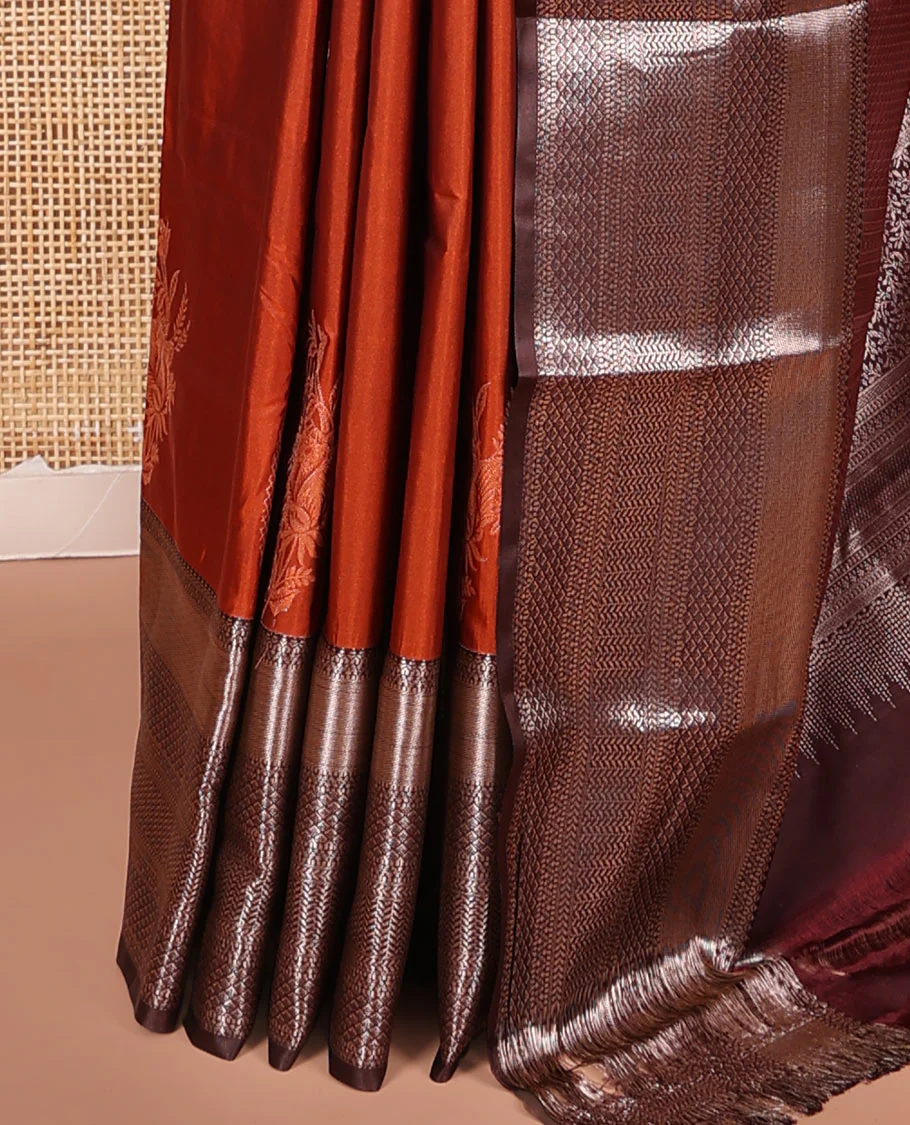 Rust Budget Silk Saree, Featuring Zari Buttas on Its Body, Complemented by a Contrast Traditional Zari Design Border, Intricately Designed Pallu, and Paired with a Contrast Blouse - Image 3