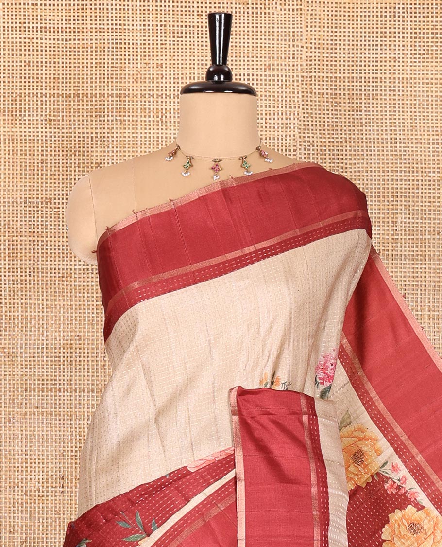 Rust diagonal floral striped digital printed fancy tussar saree, contrast striped border, zari design pallu, and a contrast floral printed blouse - Image 2