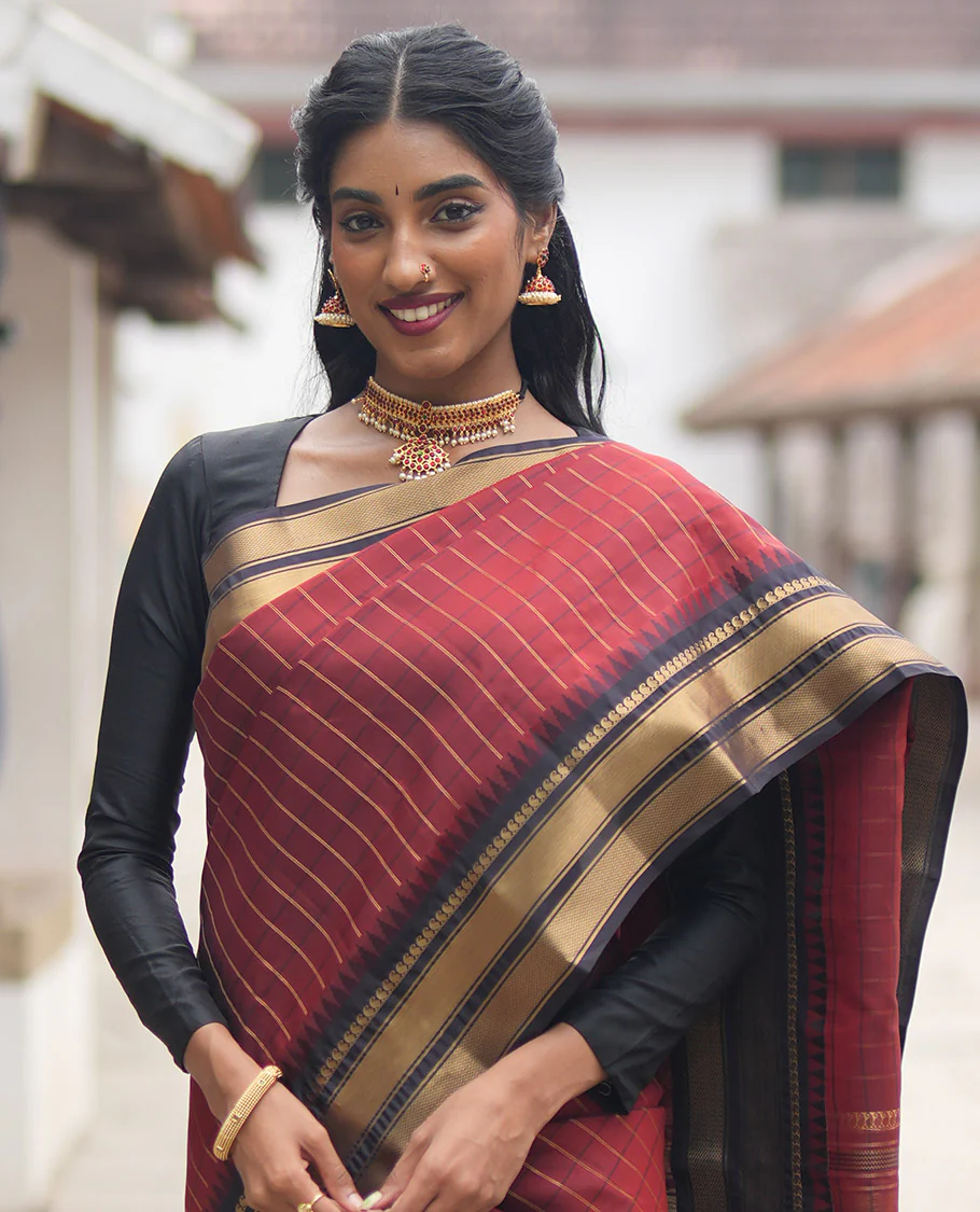 Rust Maroon and Dark Purple Vasundhara Lite Silk Mix Saree, Accentuated with Checked Design All Over Its Body, Complemented by a Contrast Thazampoo Rekku Border of Manga Mokku, Muthu, and Mayil Kann Designs, Grand Pallu, and Paired with a Contrast Blouse - Image 2