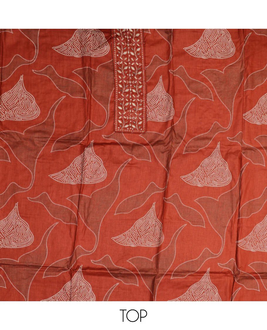 Rust Material Chudidar Set, Decorated with Abstract Print and Neck Embroidered Cotton Top, a Printed Cotton Bottom, and Paired with a Ikkat-Style Geometric Printed Cotton Dupatta - Image 2