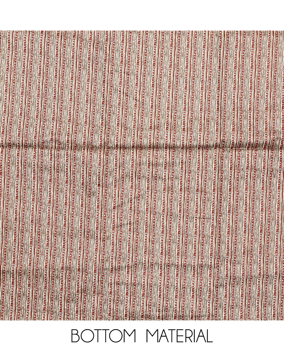Rust Material Chudidar Set, Decorated with Abstract Print and Neck Embroidered Cotton Top, a Printed Cotton Bottom, and Paired with a Ikkat-Style Geometric Printed Cotton Dupatta - Image 3