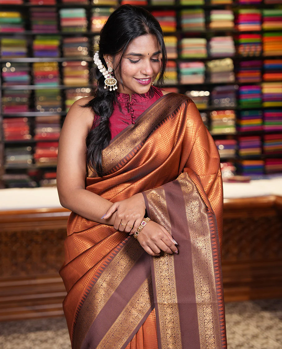Rust orange-brown checked and peacock chakra zari buttas kanchi silk saree, contrast traditional zari rettai pettu border, jaal pallu, and a jacquard blouse - Image 3