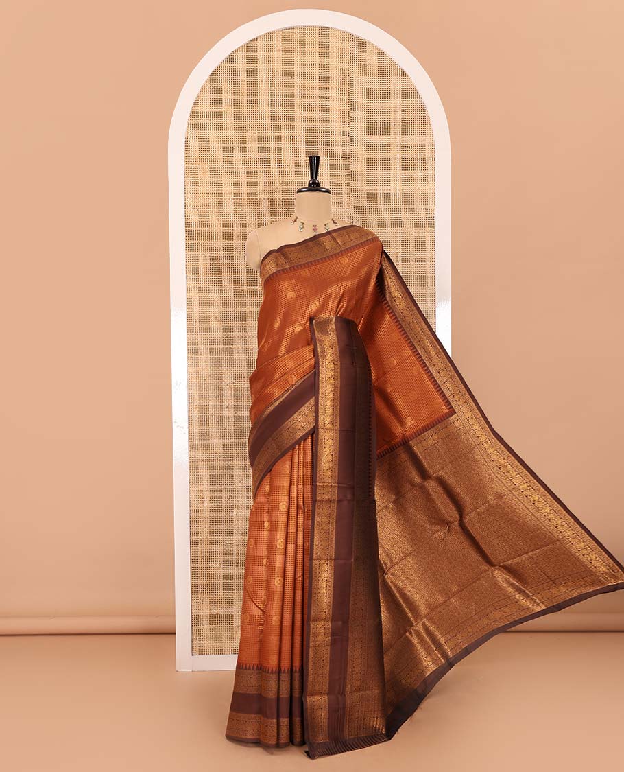 Rust orange-brown checked and peacock chakra zari buttas kanchi silk saree, contrast traditional zari rettai pettu border, jaal pallu, and a jacquard blouse - Image 4