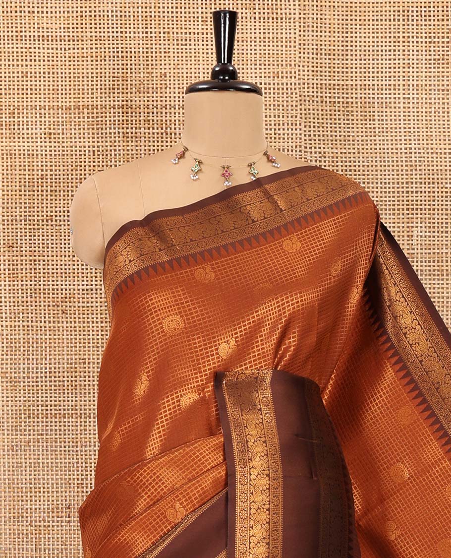 Rust orange-brown checked and peacock chakra zari buttas kanchi silk saree, contrast traditional zari rettai pettu border, jaal pallu, and a jacquard blouse - Image 5