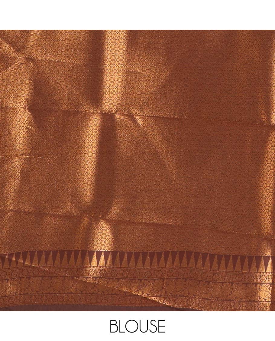 Rust orange-brown checked and peacock chakra zari buttas kanchi silk saree, contrast traditional zari rettai pettu border, jaal pallu, and a jacquard blouse - Image 6