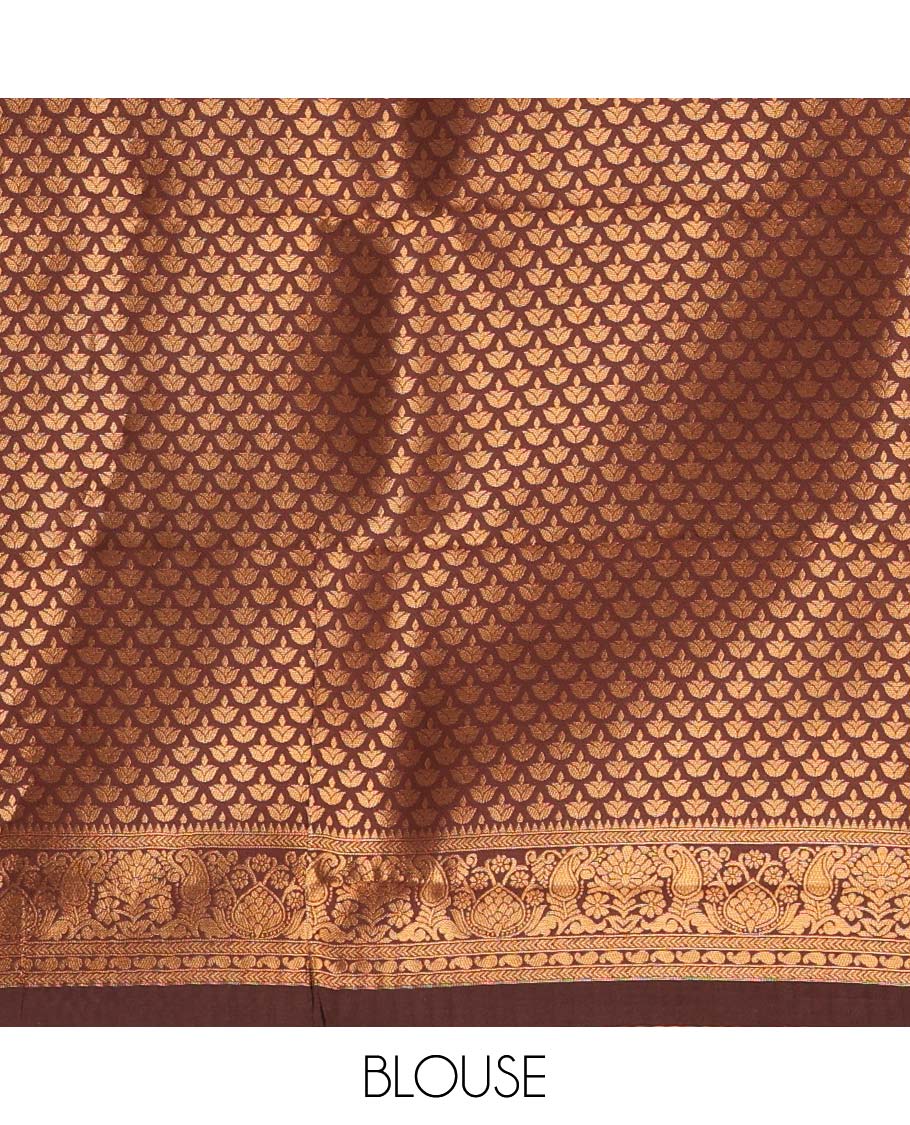 Rust orange-brown zari jacquard kanchi silk saree, contrast muniya motifs border, jaal pallu, and a jacquard blouse - Image 3
