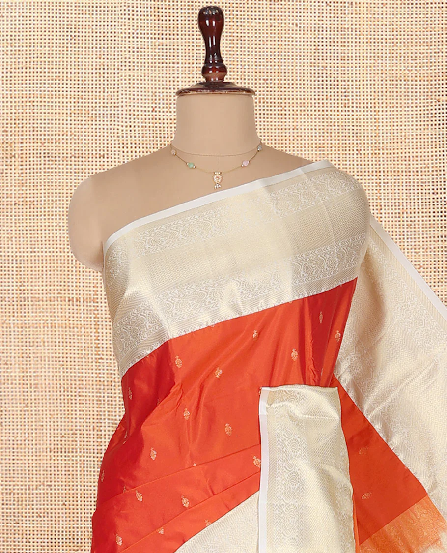 Rust Orange Budget Silk Saree, Gleamed Up with Zari Buttas on Its Body, Complemented by a Contrast Traditional Zari Design Border, Grandly Decked Up Pallu, and Paired with a Contrast Blouse - Image 2