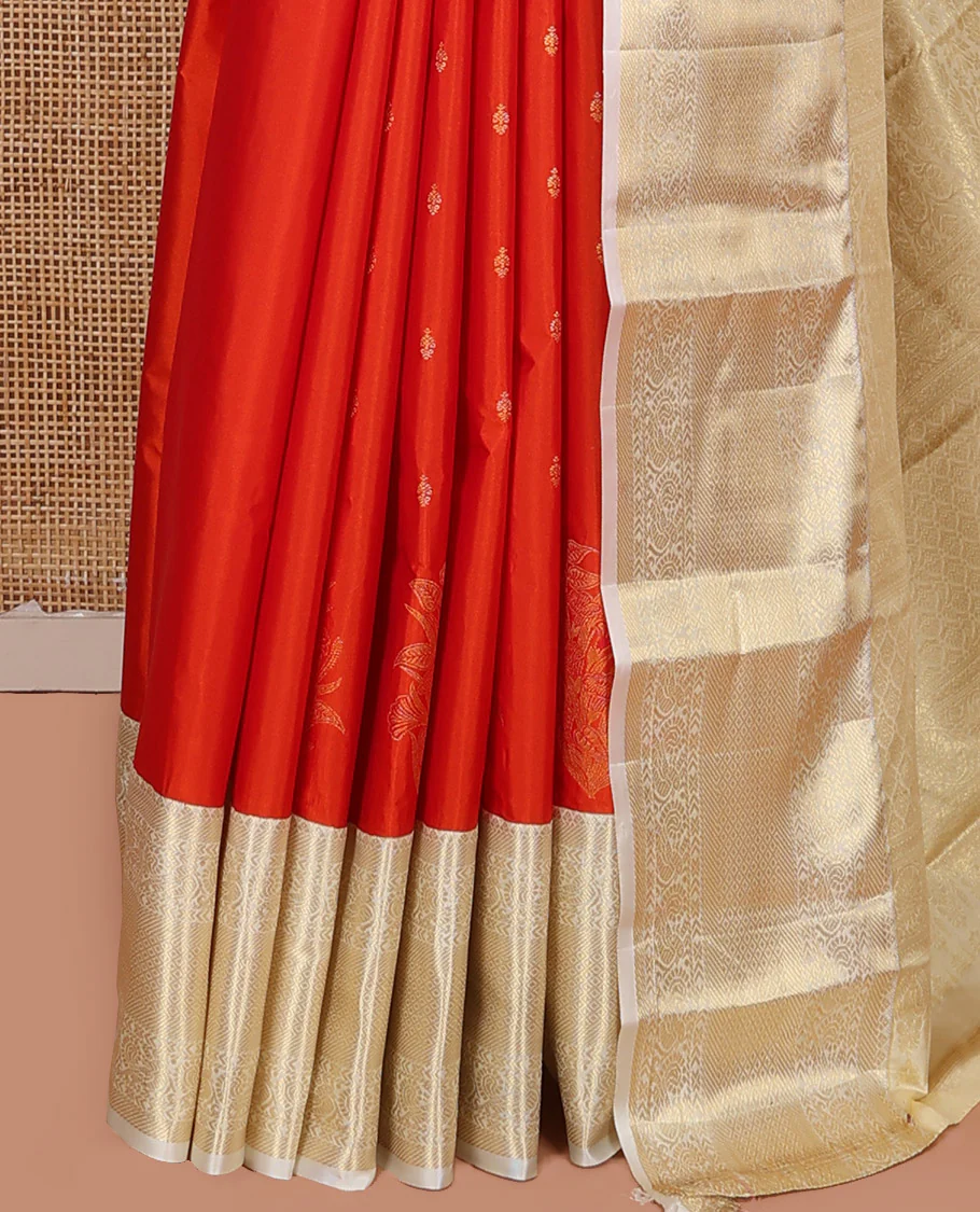 Rust Orange Budget Silk Saree, Gleamed Up with Zari Buttas on Its Body, Complemented by a Contrast Traditional Zari Design Border, Grandly Decked Up Pallu, and Paired with a Contrast Blouse - Image 3