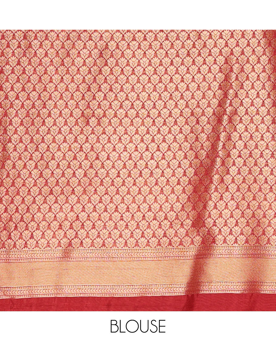 Rust Orange Luxury Soft Silk Saree Featuring Drop-Shaped Zari Motifs Steeped All Over Its Body, Highlighted with a Contrast Traditional Zari Border, Pallu Decked Up with Intricate Designs, and Paired with a Contrast Jacquard Blouse - Image 3