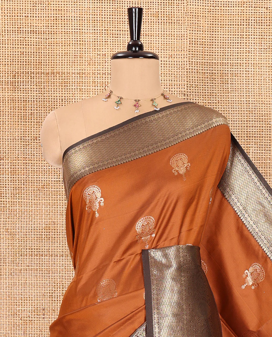 Rust orange zari buttas kanchi soft-silk saree, contrast traditional zari design border, intricate Mughal-style pallu, and a contrast zari design blouse - Image 2