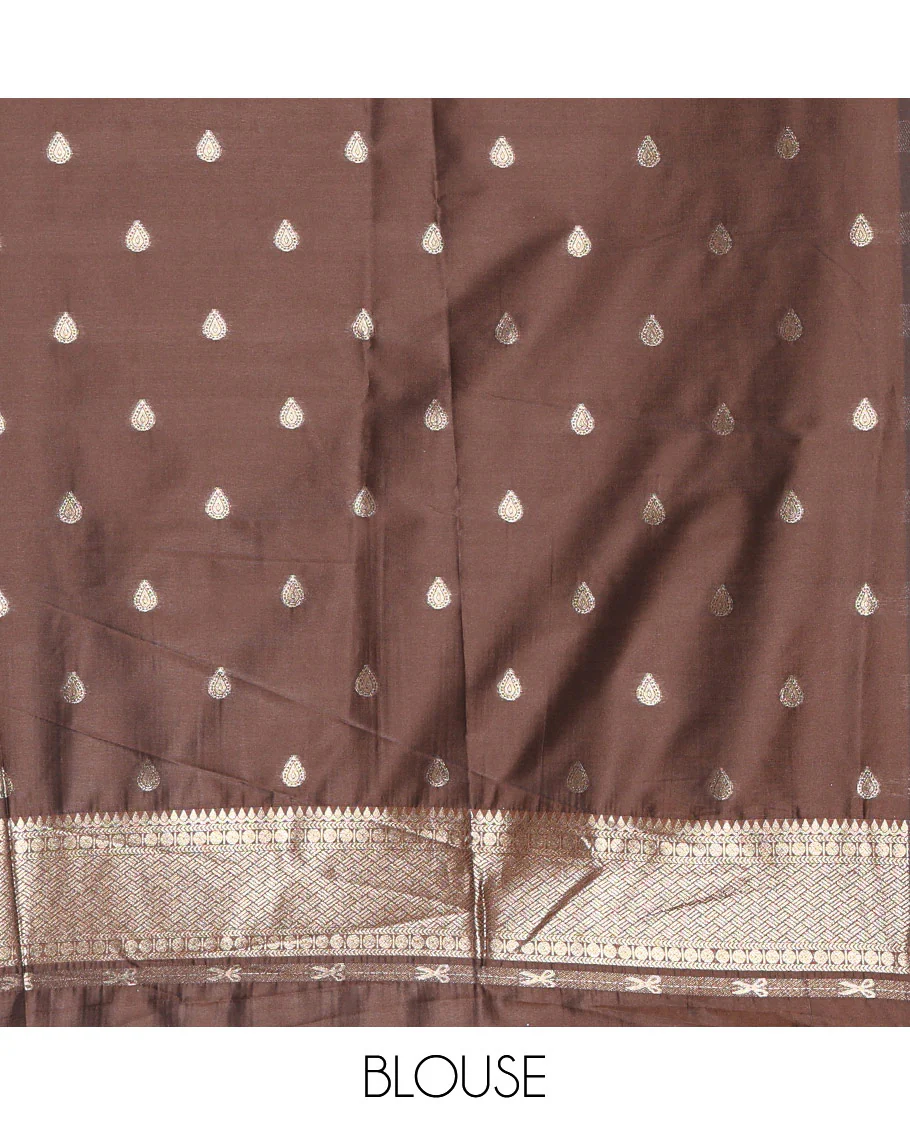Rust orange zari buttas kanchi soft-silk saree, contrast traditional zari design border, intricate Mughal-style pallu, and a contrast zari design blouse - Image 3