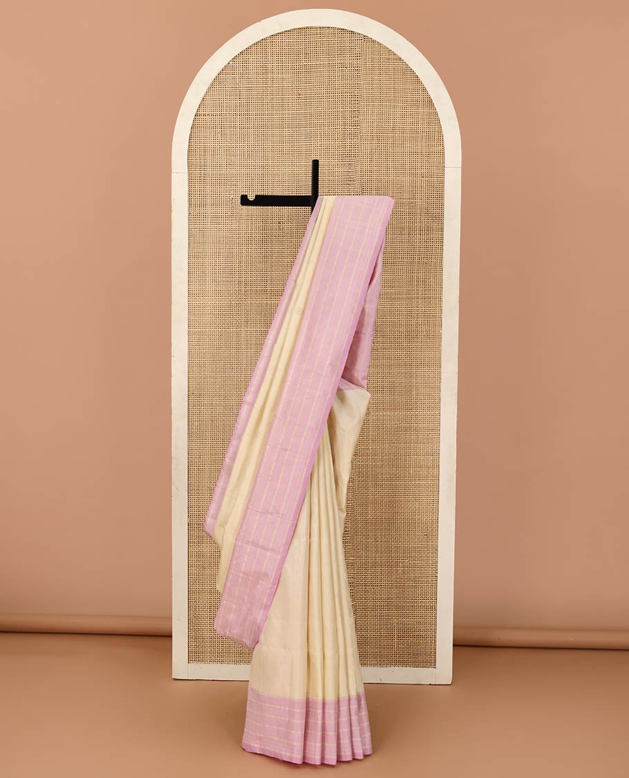 Sandal annam chakram buttas Mayuri soft silk saree, contrast zari striped border, and diagonal striped pallu