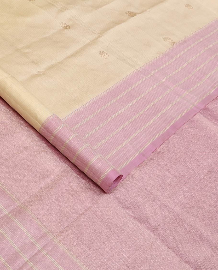 Sandal annam chakram buttas Mayuri soft silk saree, contrast zari striped border, and diagonal striped pallu - Image 2