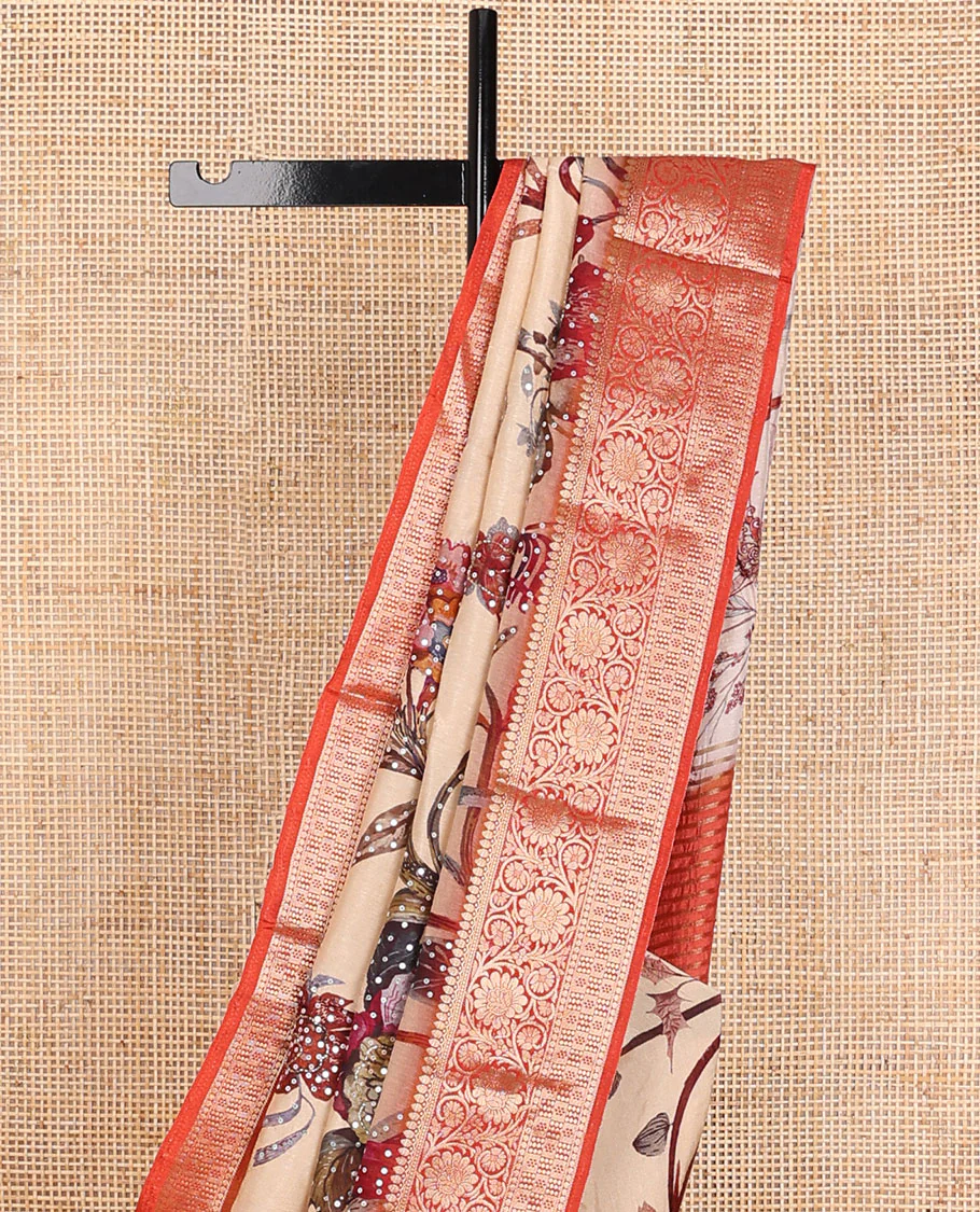 Sandal floral printed with embroidered dola silk saree, contrast traditional zari design border & zari striped pallu - Image 3