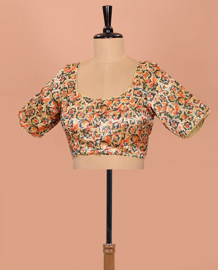 Sandal floral vine printed front-back round-neck elbow sleeve readymade blouse