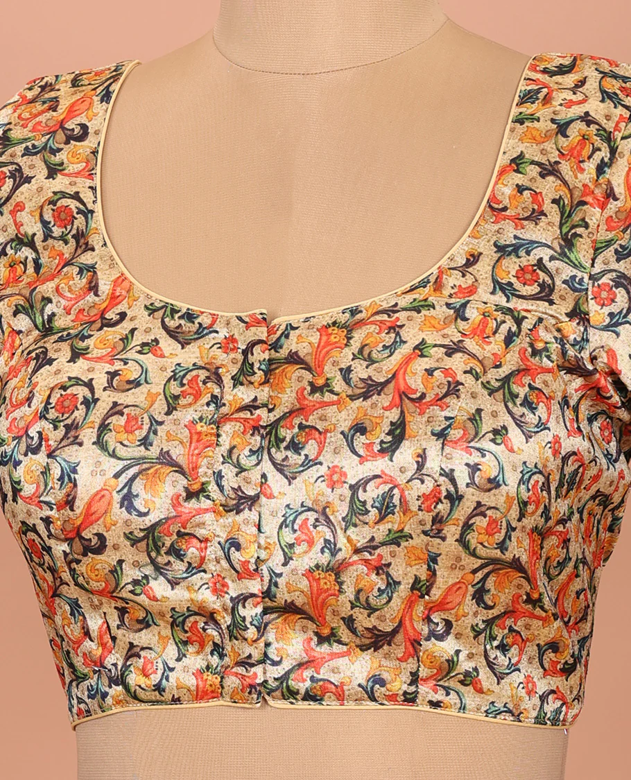 Sandal floral vine printed front-back round-neck elbow sleeve readymade blouse - Image 2