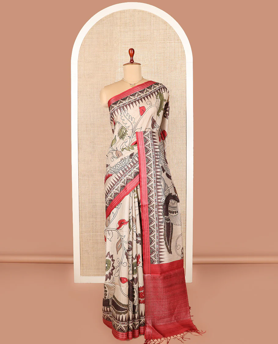 Sandal kalamkari floral and floral vine printed tussar saree, contrast border, and striped pallu - Image 2