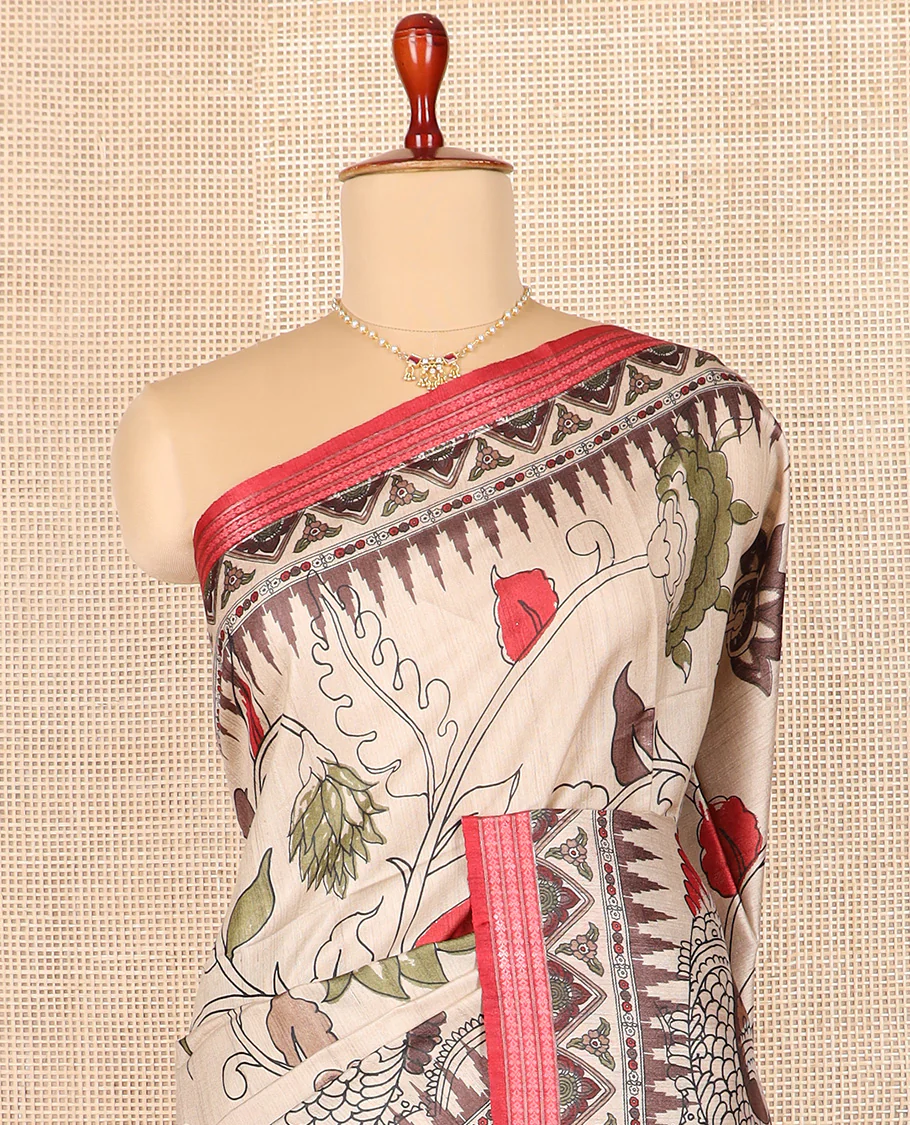 Sandal kalamkari floral and floral vine printed tussar saree, contrast border, and striped pallu - Image 3