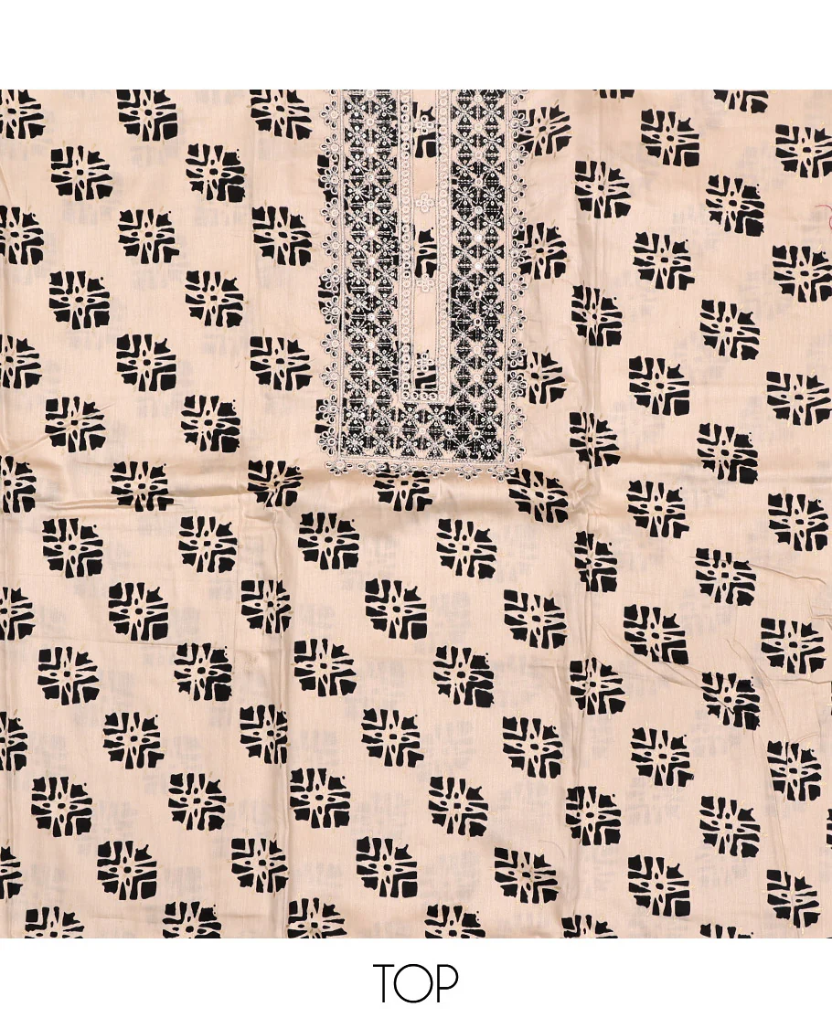 Sandal Material Chudidar Set, Elevated with Unique Motifs Print and Neck Embroidery on Rayon Top, a Contrast Plain Rayon Bottom, and Paired with Checked Design Block Printed Chanderi Silk Dupatta - Image 2