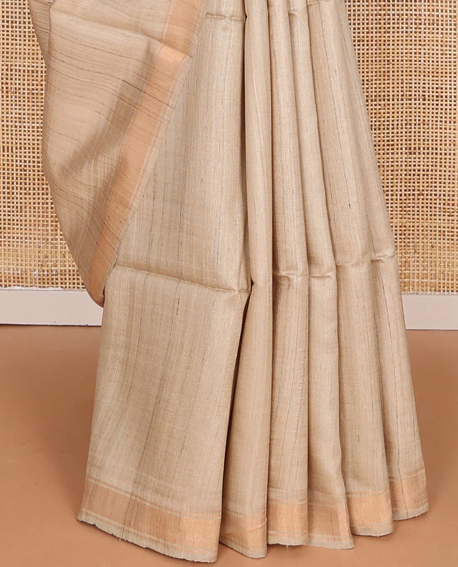 Sandal plain design tussar saree, zari border & contrast pallu of patola-style elephant motifs print - Image 5