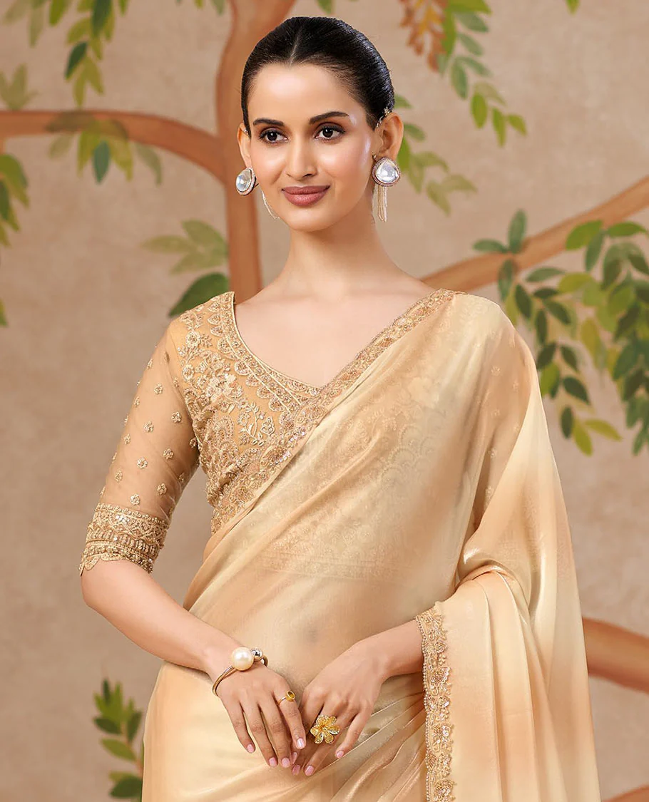 Sandal Plain Designer Saree, Gleamed Up with Embroidered Border, and Comes with Intricately Embroidered Blouse - Image 2