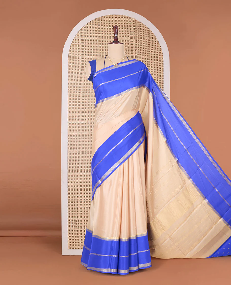 Sandal plain Mysore silk saree, contrast rettai pettu traditional zari border, and pallu of zari sparsely woven stripes - Image 2