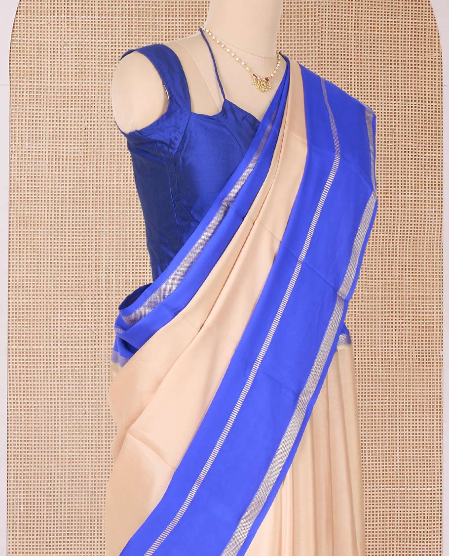 Sandal plain Mysore silk saree, contrast rettai pettu traditional zari border, and pallu of zari sparsely woven stripes - Image 3
