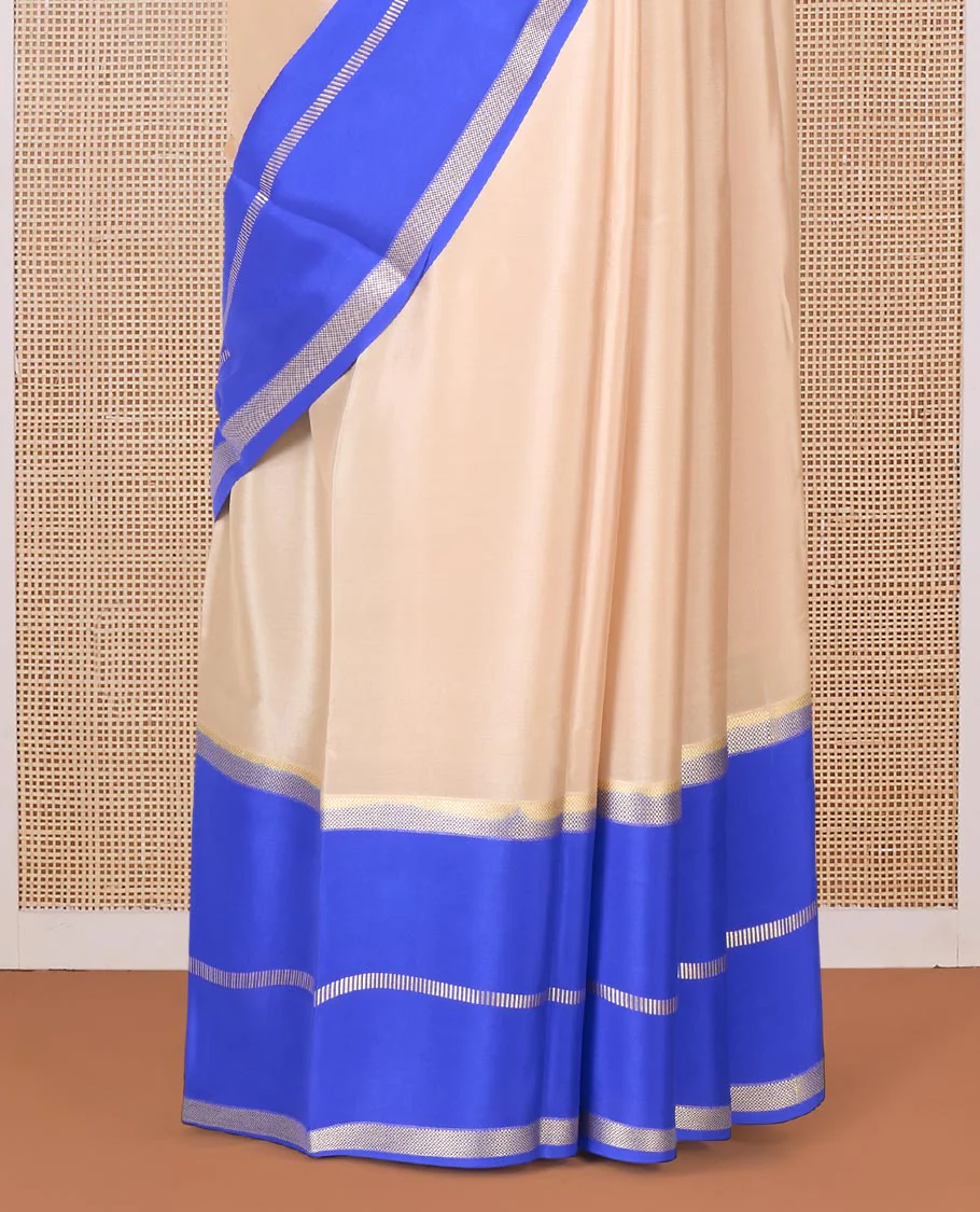 Sandal plain Mysore silk saree, contrast rettai pettu traditional zari border, and pallu of zari sparsely woven stripes - Image 4