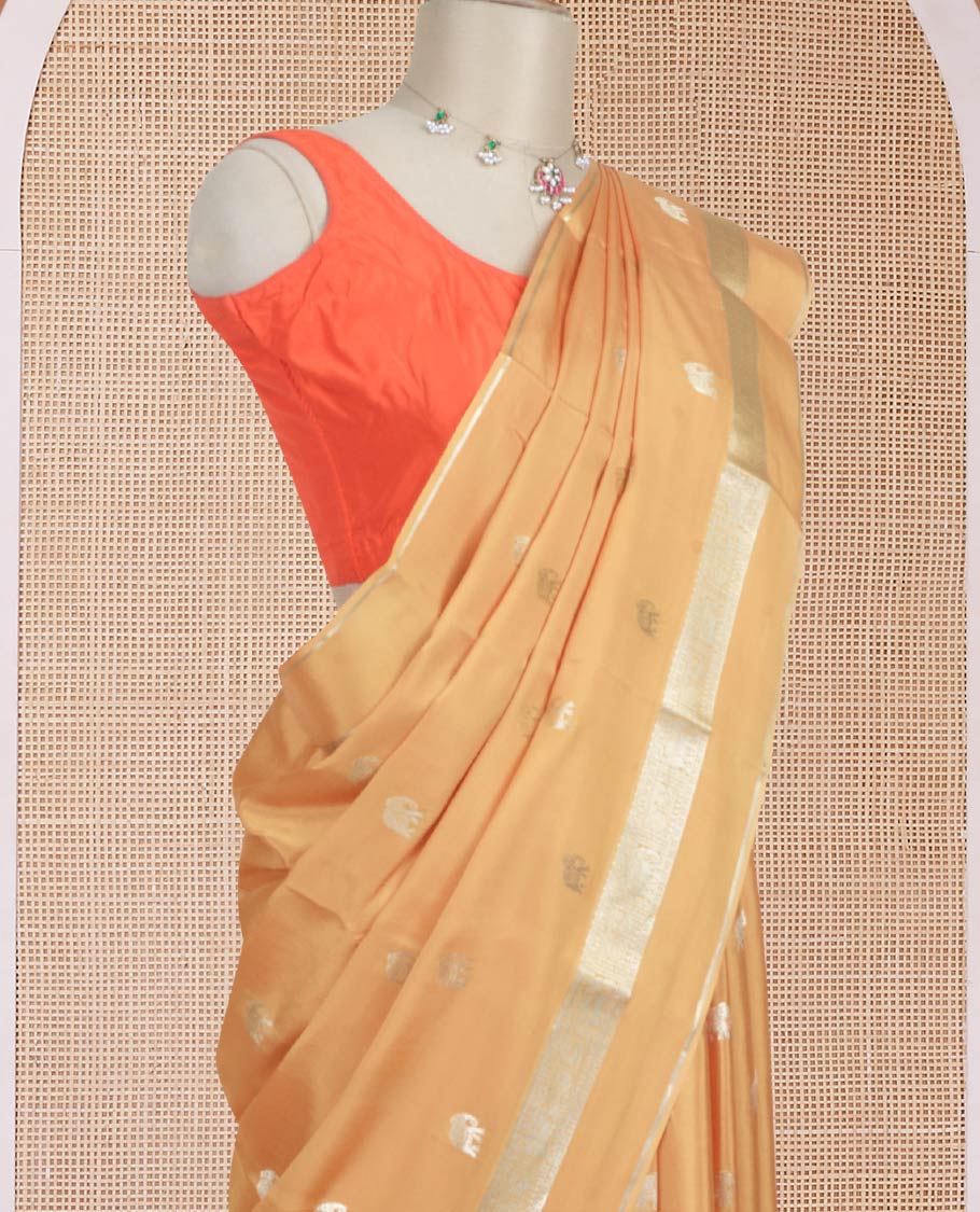 Sandal zari elephant motifs Mysore silk saree, traditional zari design border, and thick zari striped pallu - Image 3