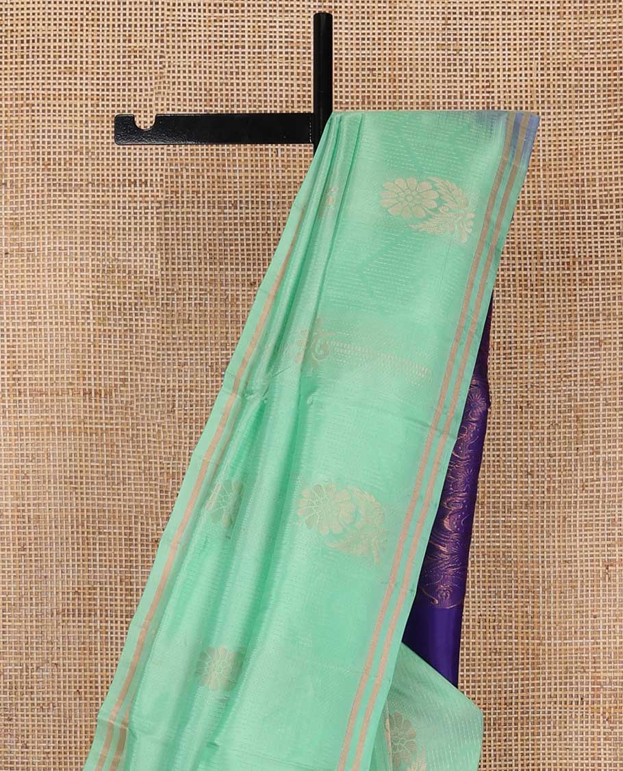Sea green floral design uppada saree with self zari border & paisley design pallu - Image 3