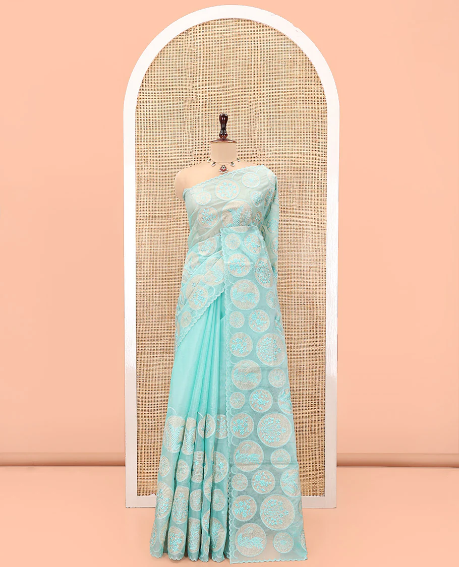 Sea Green Organza Saree, Delicately Woven with Floral Enclosed Circle Motifs Thread Embroidery, Subtle Scallop Border, Delicately Embroidered Pallu, and Paired with a Matching Embroidered Blouse - Image 3