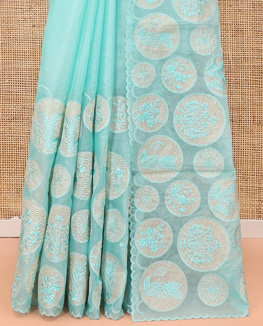 Sea Green Organza Saree, Delicately Woven with Floral Enclosed Circle Motifs Thread Embroidery, Subtle Scallop Border, Delicately Embroidered Pallu, and Paired with a Matching Embroidered Blouse - Image 4