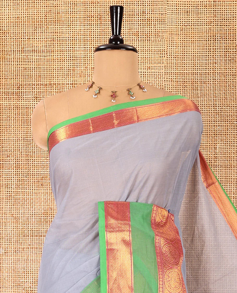 Silver grey plain Chettinad cotton saree, contrast traditional zari rettai pettu border, striped pallu, and a matching blouse - Image 2