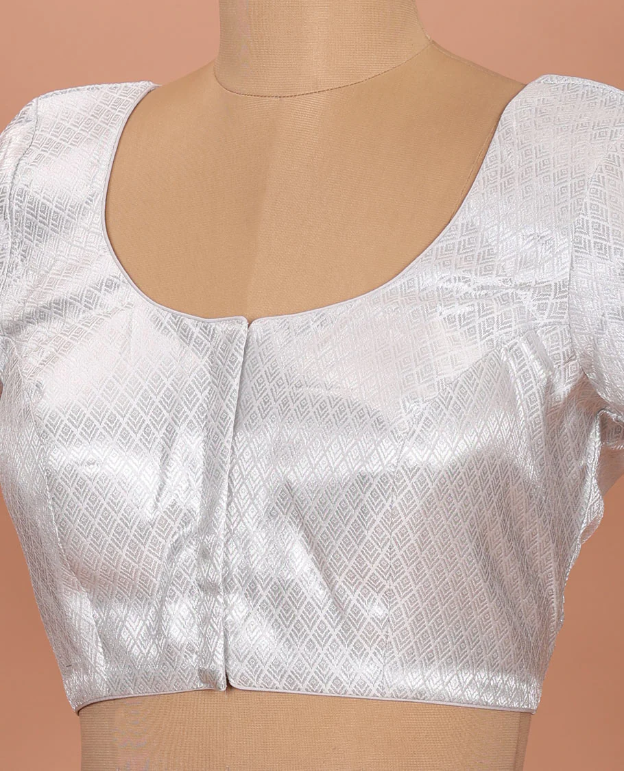 Silver jaal patterned front-back round neck elbow-sleeve readymade blouse - Image 2