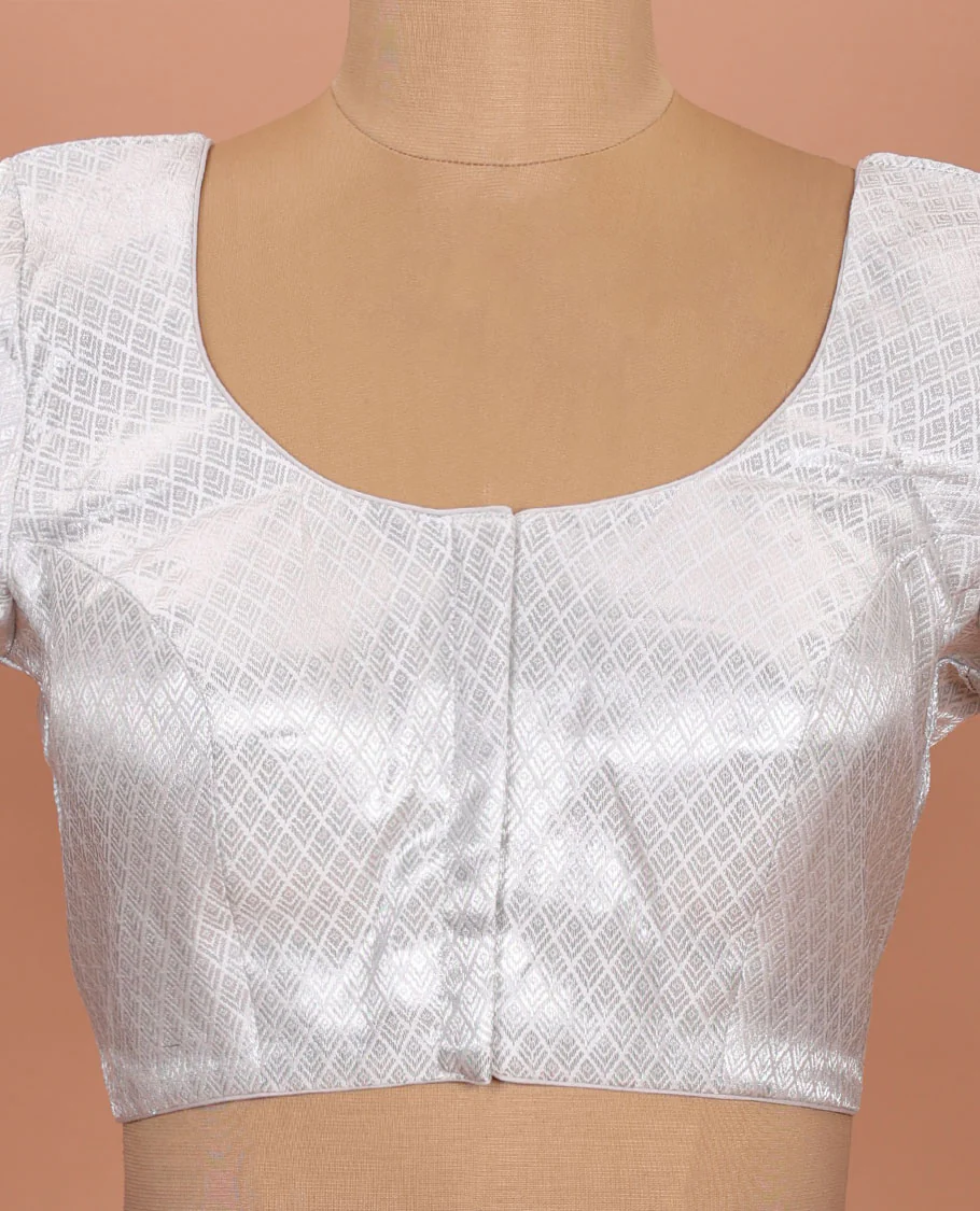 Silver jaal patterned front-back round neck elbow-sleeve readymade blouse - Image 3