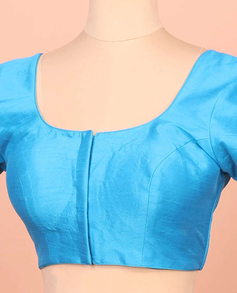 Sky Blue Plain Readymade Blouse Featuring a Front Round-Neck, Back Round-Neck, and Elbow Sleeves - Image 3