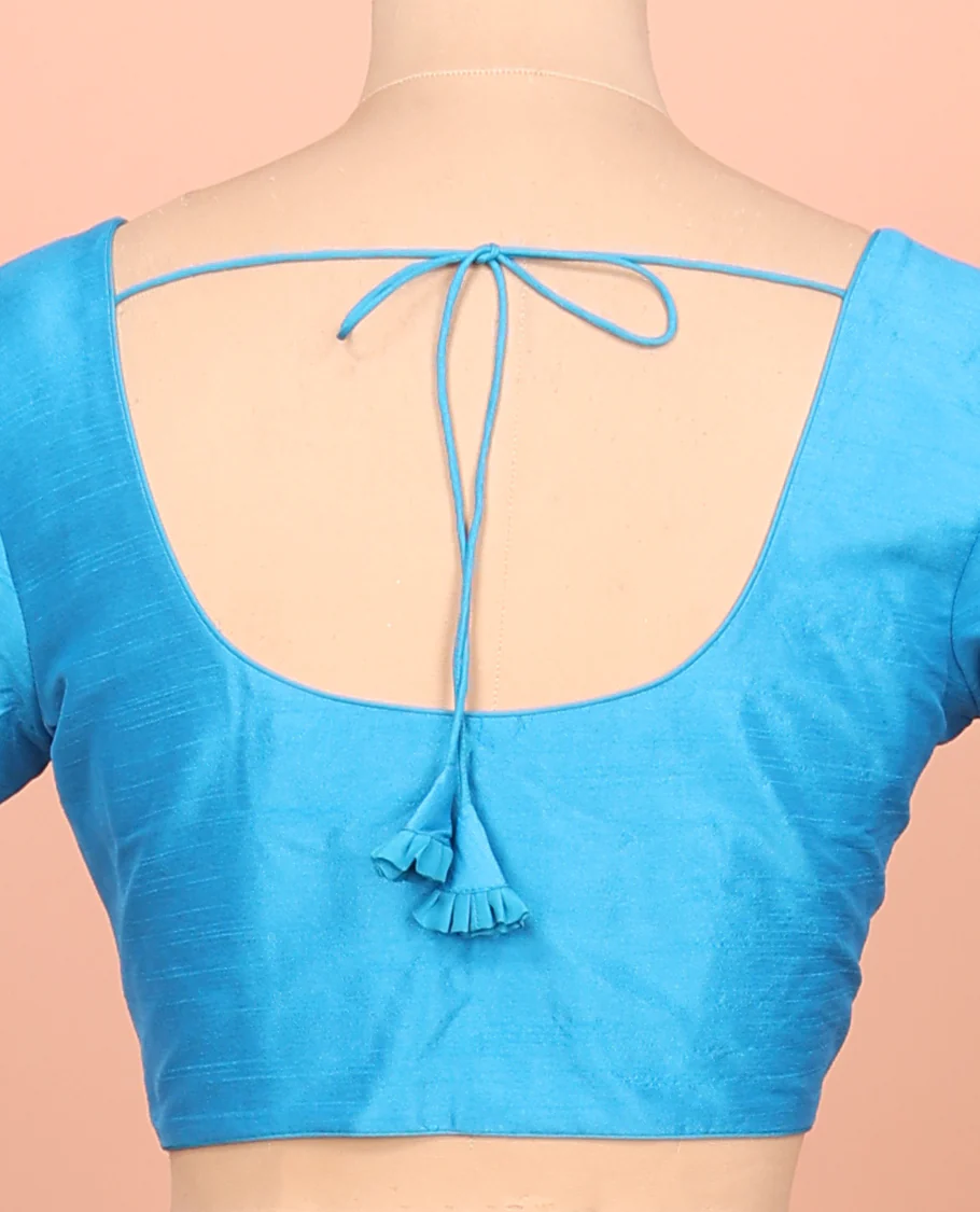 Sky Blue Plain Readymade Blouse Featuring a Front Round-Neck, Back Round-Neck, and Elbow Sleeves - Image 4