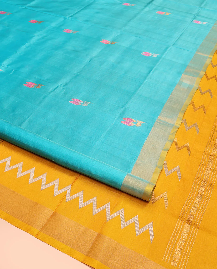 Sky Blue Uppada Silk Saree Elegantly Framed with Meena Floral Buttas, Complemented by a Contrast Bavanji Border, Pallu Steeped with Floral-Paisley Designs, and Paired with a Contrast Blouse - Image 2
