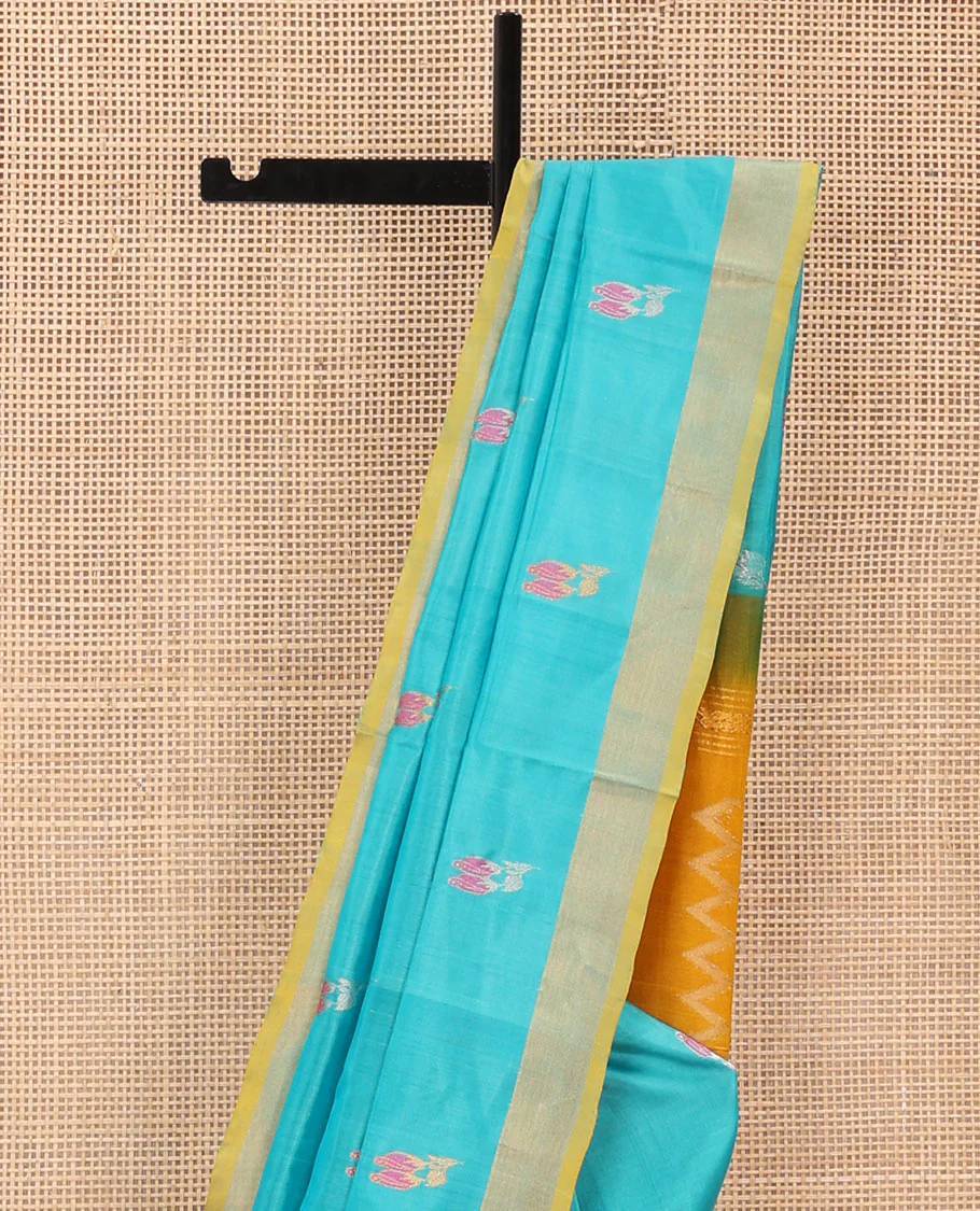 Sky Blue Uppada Silk Saree Elegantly Framed with Meena Floral Buttas, Complemented by a Contrast Bavanji Border, Pallu Steeped with Floral-Paisley Designs, and Paired with a Contrast Blouse - Image 3
